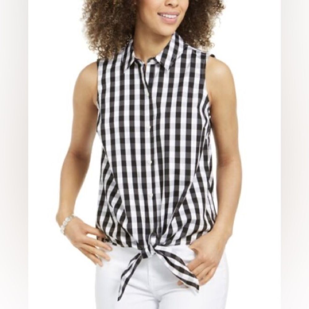 NWOT Charter Club Gingham Tie front collard Tank Size 10